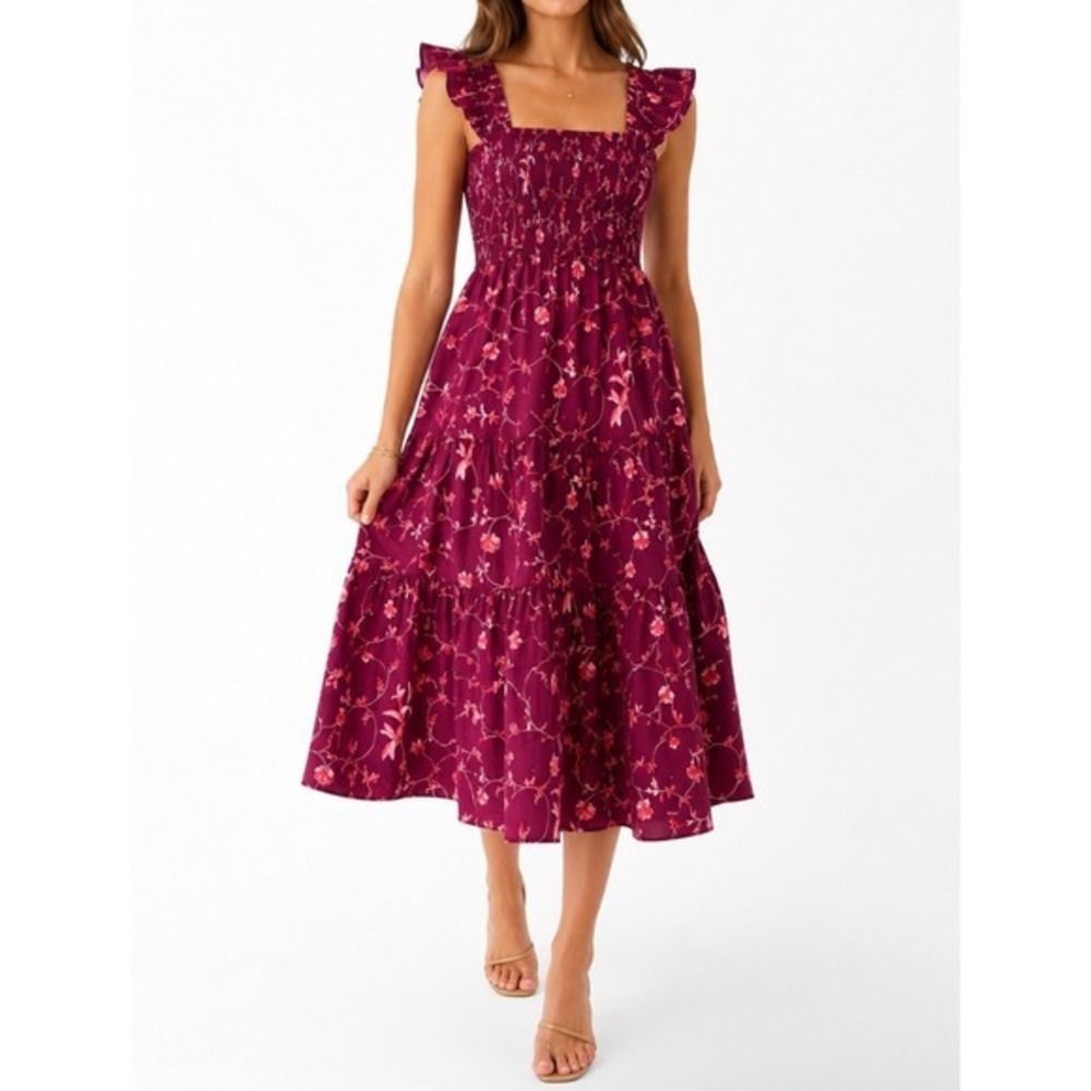 Hill House Home Ellie Nap Dress XS Burgundy Botanical Poplin Smocked Midi Boho